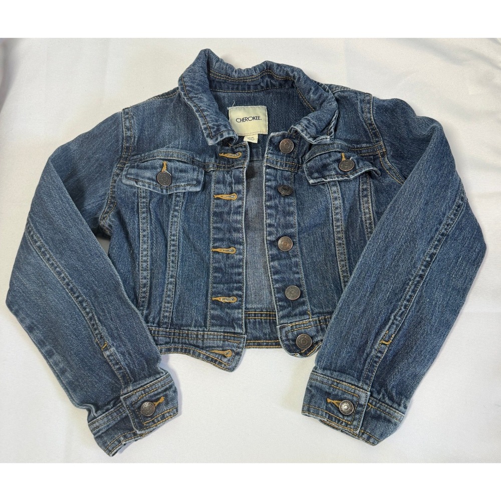 Cherokee Girls Cotton Denim Jacket Size S 6/6X Blue Button Up Cropped Stretch